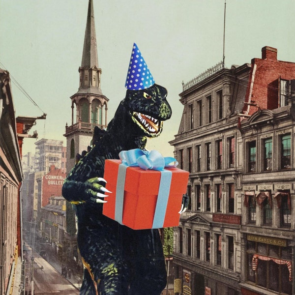 Birthday Card, b movie poster, Birthday Cards, Vintage, Monster art, Godzilla, Retro Card, Birthday, alternate histories, geekery