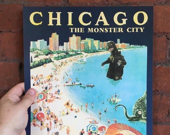Monster City, Chicago, Chicago Art, Kaiju, Tentacles, Cthulhu, Vintage, Travel Poster, Alternate Histories, Geekery