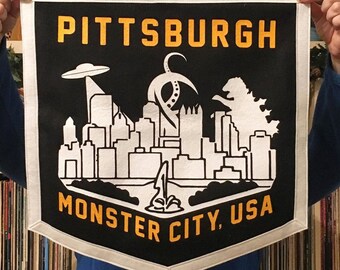 Pittsburgh, Felt Banner, Monsters, Monster City, Pittsburgh Art, Kaiju, Tentacle, UFO, Alternate Histories, Geekery
