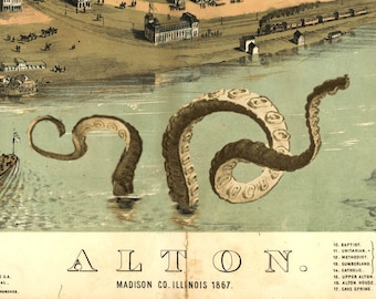 Alton IL, Tentacle, Illinois Art, Tentacle Art, Cthulhu, Alton, Vintage Map, Illinois, Alternate Histories, Geekery