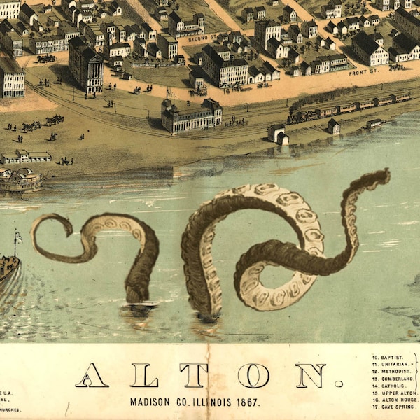 Alton IL, Tentacle, Illinois Art, Tentacle Art, Cthulhu, Alton, Vintage Map, Illinois, Alternate Histories, Geekery