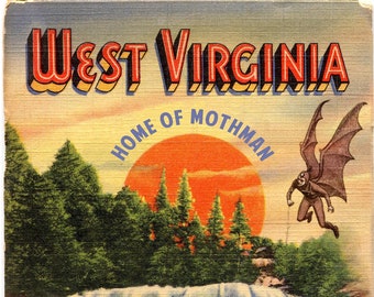 West Virginia, Mothman, WV, Monsters, Mythology, Vintage Postcard, Alternate Histories, Geekery