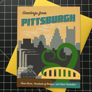 Pittsburgh Card, Pittsburgh, Tentacle Art, Greeting Card, Vintage Art, Pittsburgh Art, Alternate Histories, Geekery, Vintage