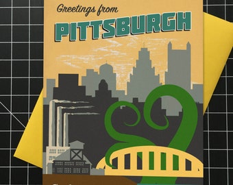 Pittsburgh Card, Pittsburgh, Tentacle Art, Greeting Card, Vintage Art, Pittsburgh Art, Alternate Histories, Geekery, Vintage