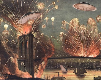 Brooklyn Print Digital Print Fireworks Firework Art Brooklyn Bridge Flying Saucer UFO Art UFO Sci Fi Geekery