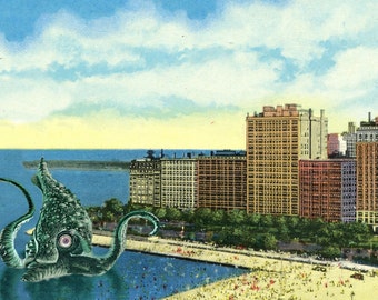 Chicago Print, Lake Shore Drive, Chicago Art, Vintage Poster, Tentacle, Sea Monster, Alternate Histories, Geekery