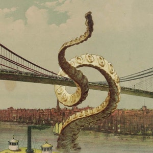 Art Print: Brooklyn Bridge Under Attack, Digital Print Octopus Tentacles, Brooklyn Bridge Art image 2