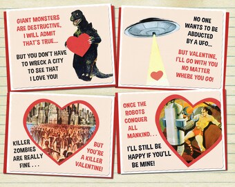 Valentine's Day Card Monster Art Variety Pack Zombie Art UFO Art Robot Art Retro Valentine Vintage Card Geekery Alternate Histories