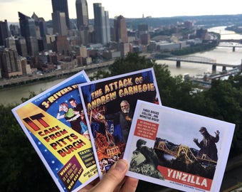 Pittsburgh cards, Pittsburgh Trilogy, Yinzilla, Carnegie, Pittsburgh, Set of Three, Monsters, Retro, Alternate Histories