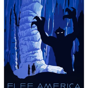 Flee America, Digital Print, WPA poster, cave painting, WPA art, National Park, monster art, geekery, alternate histories, see america image 1