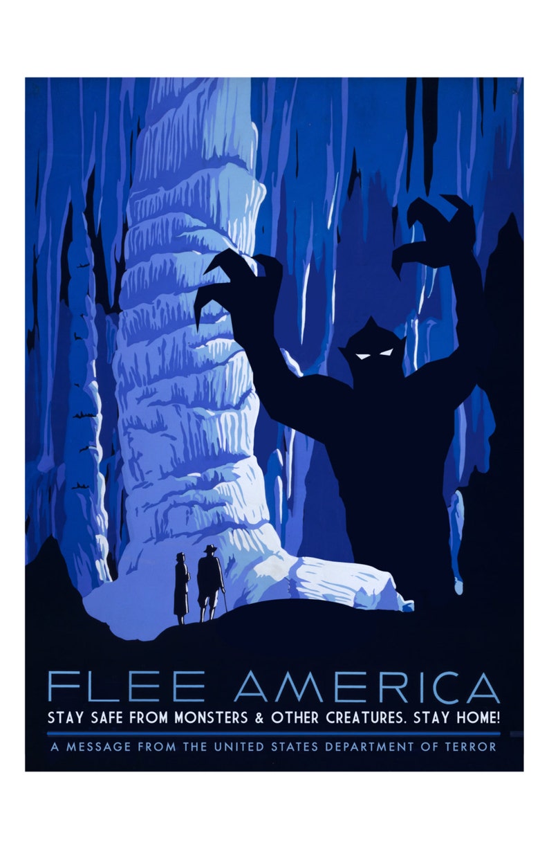 Flee America, Digital Print, WPA poster, cave painting, WPA art, National Park, monster art, geekery, alternate histories, see america image 1