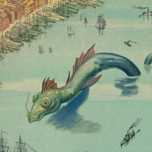 May include: A green and red sea monster with a long neck and tail emerges from the water, its head is visible in the foreground. The monster is swimming near a city with many ships and boats in the harbor.