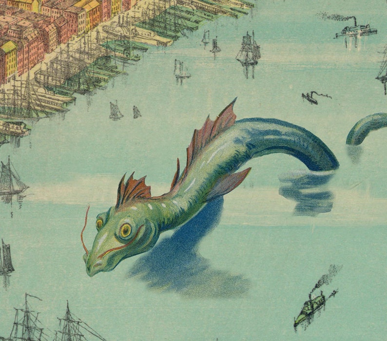 May include: A green and red sea monster with a long neck and tail emerges from the water, its head is visible in the foreground. The monster is swimming near a city with many ships and boats in the harbor.
