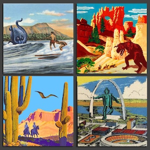 May include: Four square art prints with retro illustrations. One shows a sea monster and surfers, another a dinosaur in a canyon, a third a desert scene with cacti and cowboys, and the last a robot under an arch.
