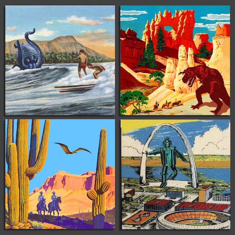 May include: Four square art prints with retro illustrations. One shows a sea monster and surfers, another a dinosaur in a canyon, a third a desert scene with cacti and cowboys, and the last a robot under an arch.