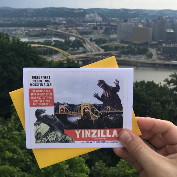 Pittsburgh, Yinzilla, Greeting Cards, Pittsburgh Card, Pittsburgh Art, Monsters, Alternate Histories, Pittsburgh Gifts
