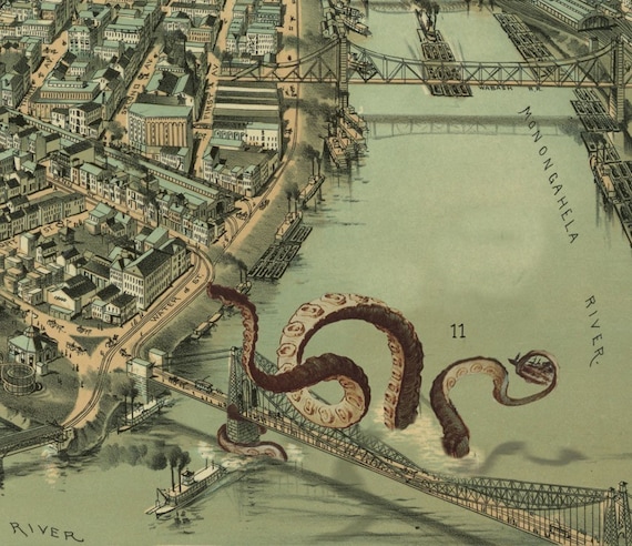 Pittsburgh Art Digital Print Vintage Map Monster Art Octopus Art Alternate  Histories Geekery Cthulhu