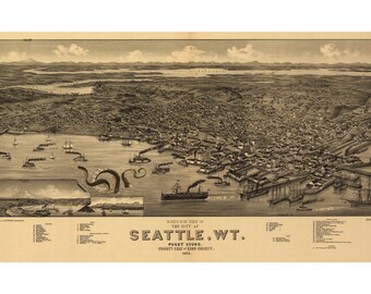 Digital Print, Seattle, Octopus Tentacles, Seattle Map, Cthulhu, Giant Squid, Seattle Art, Puget Sound Map, Geekery, Alternate Histories