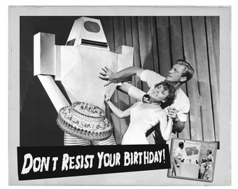 Birthday Card, Robots, Birthday Cards, black and white, Retro Robot, Scifi art, Retro Card, Birthday Cake, alternate histories, geekery