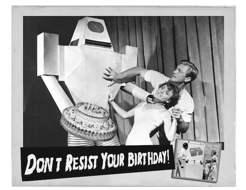 Birthday Card, Robots, Birthday Cards, black and white, Retro Robot, Scifi art, Retro Card, Birthday Cake, alternate histories, geekery image 1