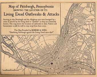 Pittsburgh Map Zombie Art Digital Print Vintage Map Night of the Living Dead Alternate Histories Geekery Zombies