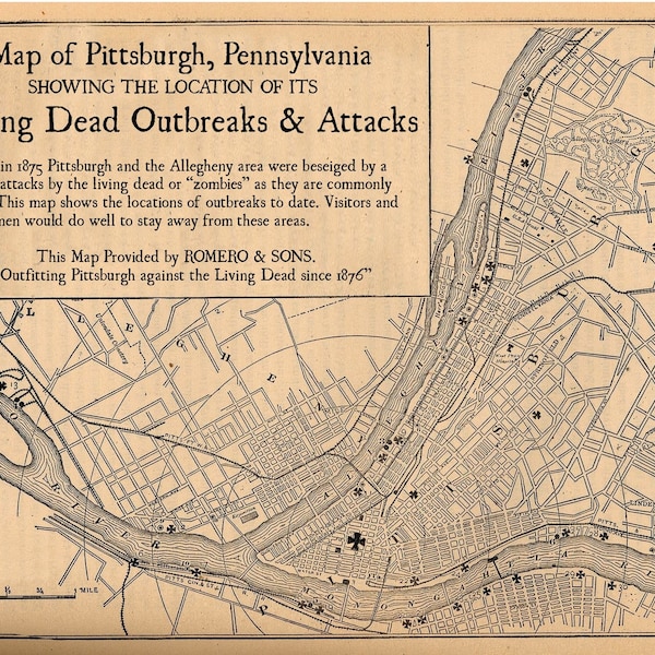 Pittsburgh mapa Zombie Arte Digital impresión mapa Vintage noche de los zombis de planear muerto alterna historias de vida
