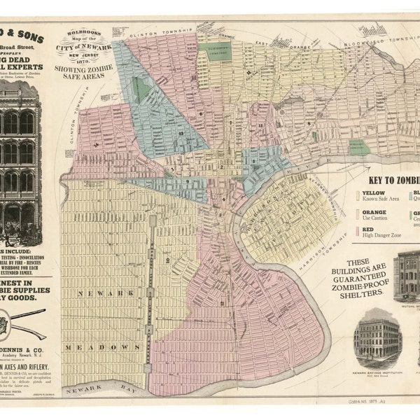 Newark, Digital Print, New Jersey Art, Zombies, Newark Map, Zombie Art,  vintage map, zombie apocalypse, Alternate Histories, Geekery