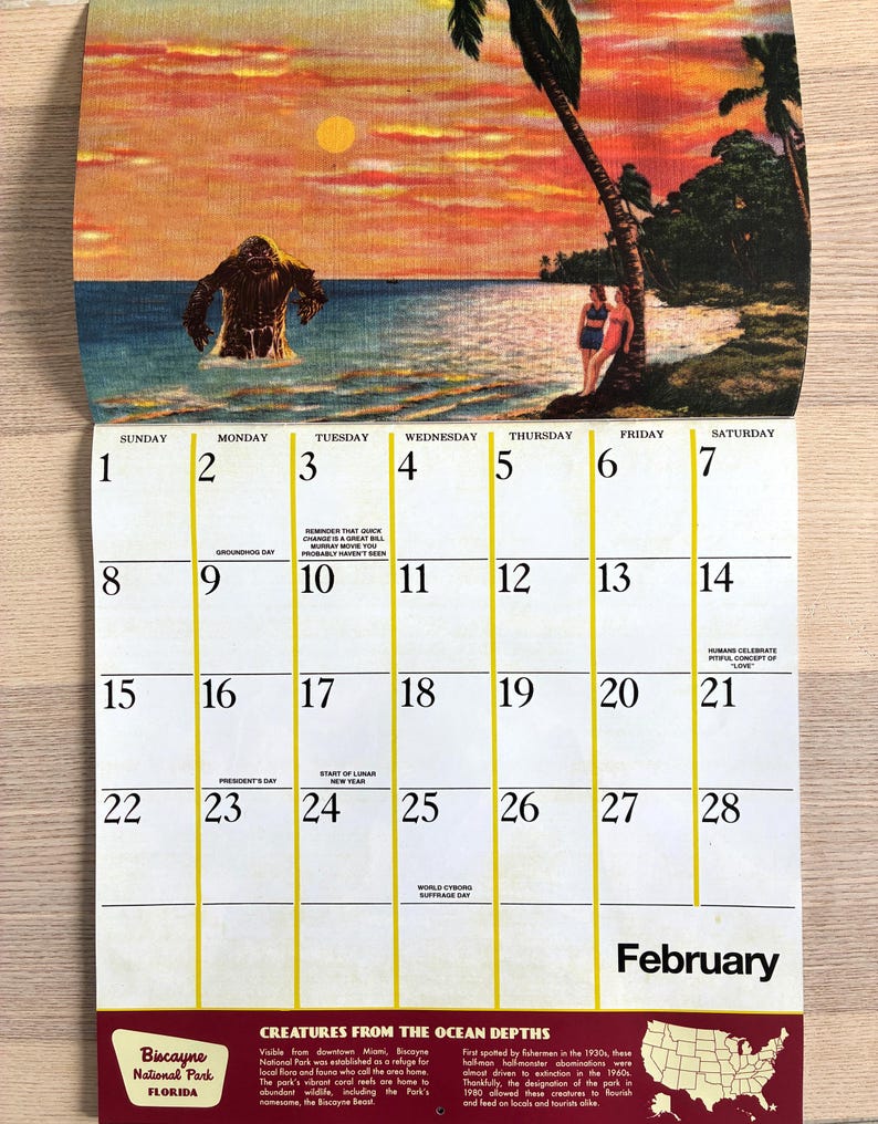 May include: A February calendar page featuring a vintage illustration of a Florida coastal scene with a sunset, palm trees, and a creature in the water. The calendar includes dates, text, and a map.