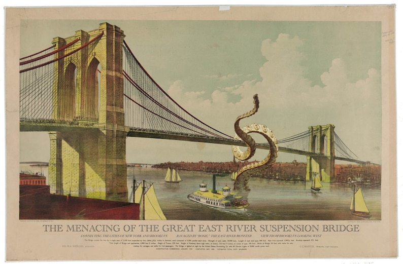 Art Print: Brooklyn Bridge Under Attack, Digital Print Octopus Tentacles, Brooklyn Bridge Art image 1