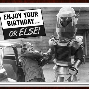 Birthday Card, B Movie Poster, Birthday Cards, black and white, Retro Robot, Scifi art, Retro Card, Robots, alternate histories, geekery