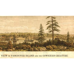 May include: A vintage illustration depicting a view of Vancouver Island with a large, green, mythical creature in the background. The text below the image reads "VIEW of VANCOUVER ISLAND and the COWICHAN CREATURE."