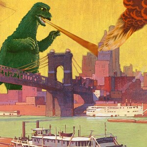 Pode incluir: Um monstro verde com boca vermelha e olhos amarelos est&aacute; disparando um raio de luz em uma cidade. A cidade est&aacute; em chamas e h&aacute; uma ponte em primeiro plano. O monstro est&aacute; em p&eacute; na ponte.