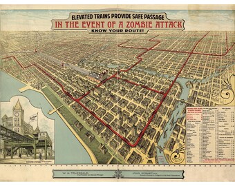 Digital Print, Chicago Art, Zombies, Chicago, Vintage Map, Chicago Map, Chicago IL, Trains, Zombie Art, Geekery, Alternate Histories