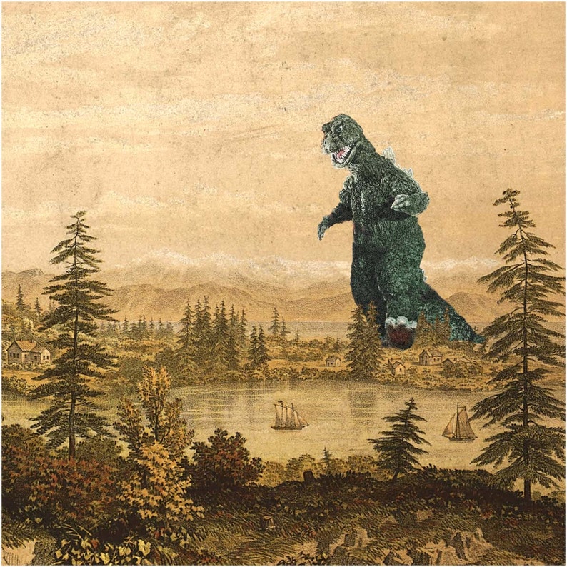 May include: A vintage illustration of a green monster standing in a lake with trees and sailboats in the background.
