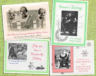 May include: A collection of vintage-style holiday cards with a retro sci-fi theme. The cards feature illustrations of aliens, monsters, and scenes from classic monster movies, with humorous holiday greetings. The color palette includes green, pink, and white.