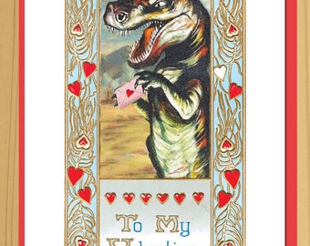 Love Card, Funny Cards, Valentines Day, Valentine Card, Vintage Cards, Scfi art, Dinosaur, Geekery, tyrannosaurus rex, Alternate Histories