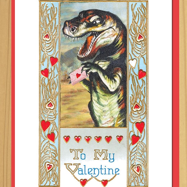 Liebeskarte, lustige Karten, Valentinstag, Valentinstag, Vintage-Karten, Scfi Kunst, Dinosaurier, Geekery, Tyrannosaurus rex, alternative Historien