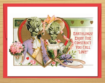 Love Card, Funny Cards, Valentines Day, Valentine Card, Geek Love, Vintage Cards, Alien art, UFO art, Geekery, movies, Alternate Histories