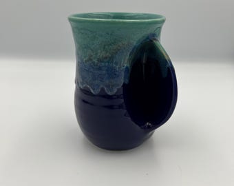 Handmade Right-Handed Pottery Mug | Blue Green Drip Glaze Ceramic Coffee Mug | Artisan Stoneware Cup