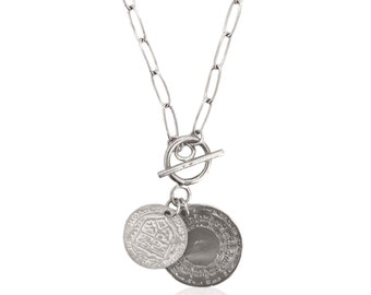 Doppel Münze Halskette Sterling Silber, Länglich, Paperclip Kette, Knebel Naht
