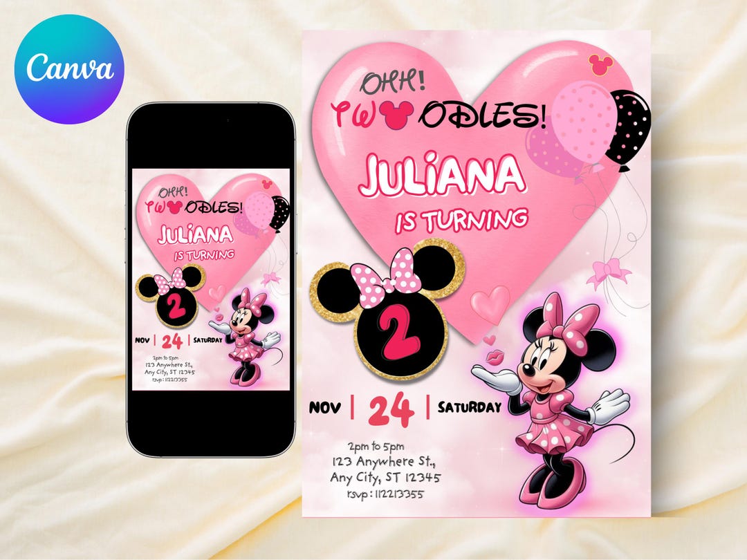 Minnie Mouse Birthday Invitation, Pink Party, Editable Canva Template ...
