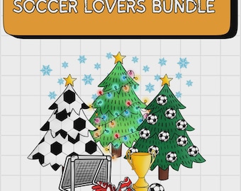 May include: A festive illustration featuring three Christmas trees with soccer ball and snowflake accents. The text "SOCCER LOVERS BUNDLE" is at the top. Includes a soccer goal, trophy, soccer ball, and red soccer cleats and gloves.