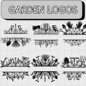 May include: Black and white garden logos with various gardening tools and floral elements. The text "GARDEN LOGOS" is at the top. Each logo features a different arrangement of tools like shovels, rakes, and forks, with space for text.