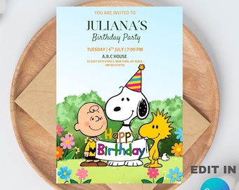 Snoopy Birthday Party Invitation Template, Editable Canva Design (5x7), Digital Download