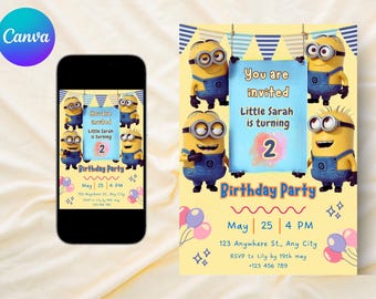Invitación de cumpleaños editable de los Minions: Fiesta infantil de dibujos animados, plantilla de Canva (descarga digital)