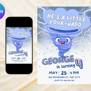 Könnte beinhalten: Eine Geburtstagseinladung mit einer Cartoon-Tornado-Illustration. Der Text lautet "He's a Little Four-nado" und "George wird 4", mit Datum, Uhrzeit und Adresse. Das Design ist in Blau- und Weißtönen gehalten.