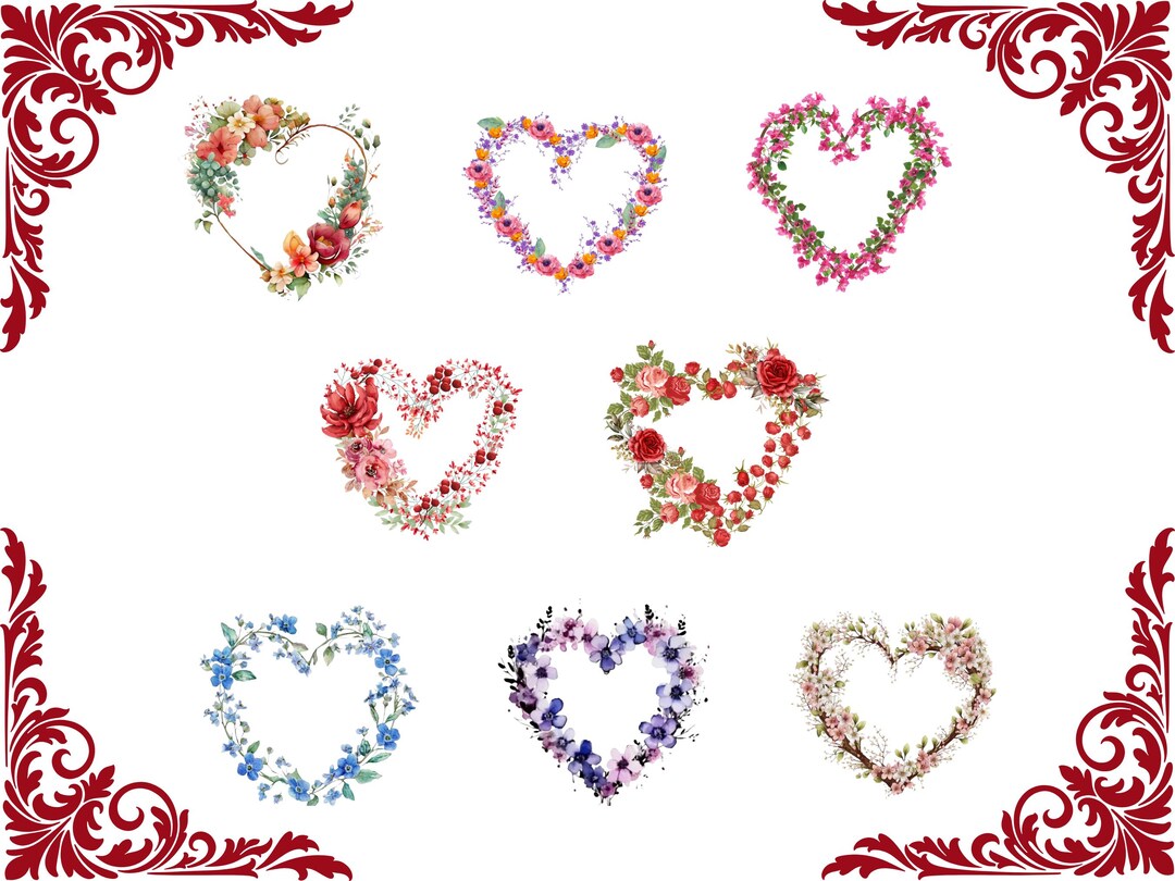 Watercolor Floral Heart Wreath Clipart Bundle, Botanical Frames PNG ...