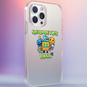 May include: Clear phone case with a colorful Geometry Dash graphic. The design features various cartoon characters and the text "GEOMETRY DASH" in green and white. The case is designed to fit a smartphone.