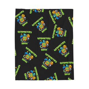 Könnte beinhalten: Schwarze Decke mit einem sich wiederholenden Muster aus bunten Cartoon-Figuren und dem Text "GEOMETRY DASH" in Grün. Die Figuren sind in Blau, Orange und Gelb gehalten.