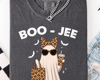 Comfort Colors® Boo-Jee Ghost Shirt, Leopard Ghost Tee, Funny Coffee Halloween Shirt, Cute Girly Fall T-shirt, Boo-jee Tee